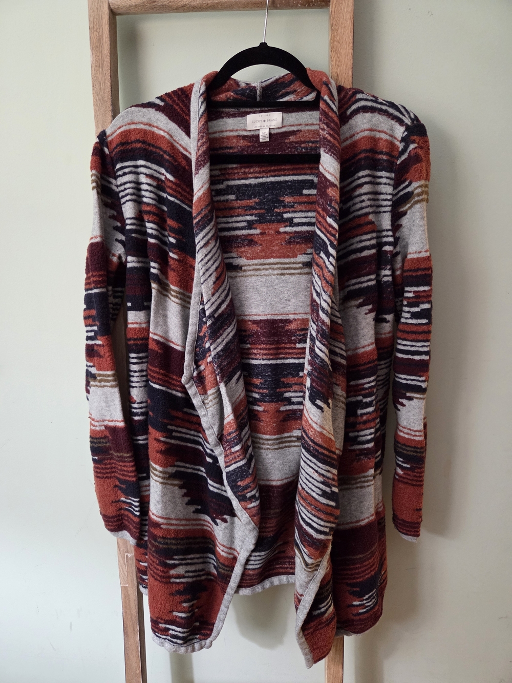Lucky Brand Rust, Gray & Black Tribal Open-Front Cardigan
